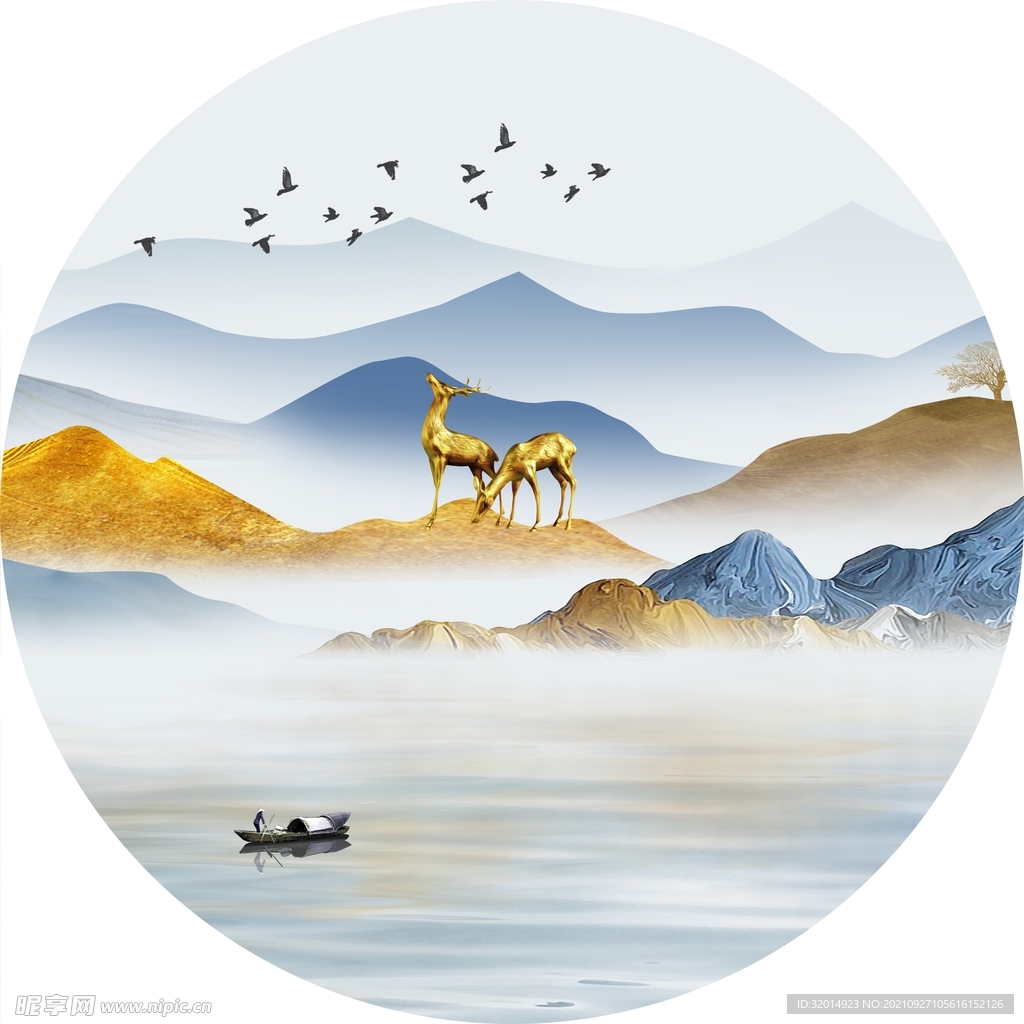 金色麋鹿山水圆形玄关