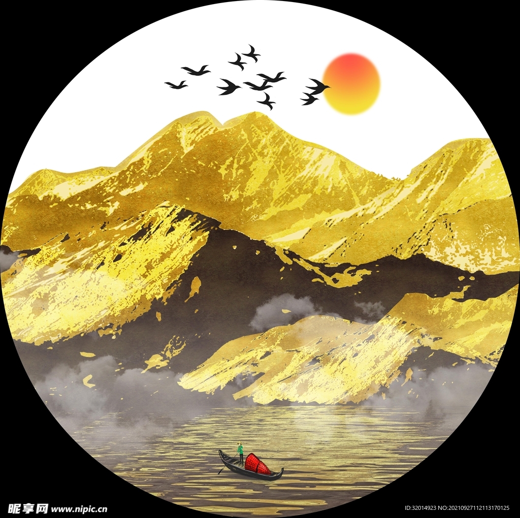 金色山水水墨圆形玄关