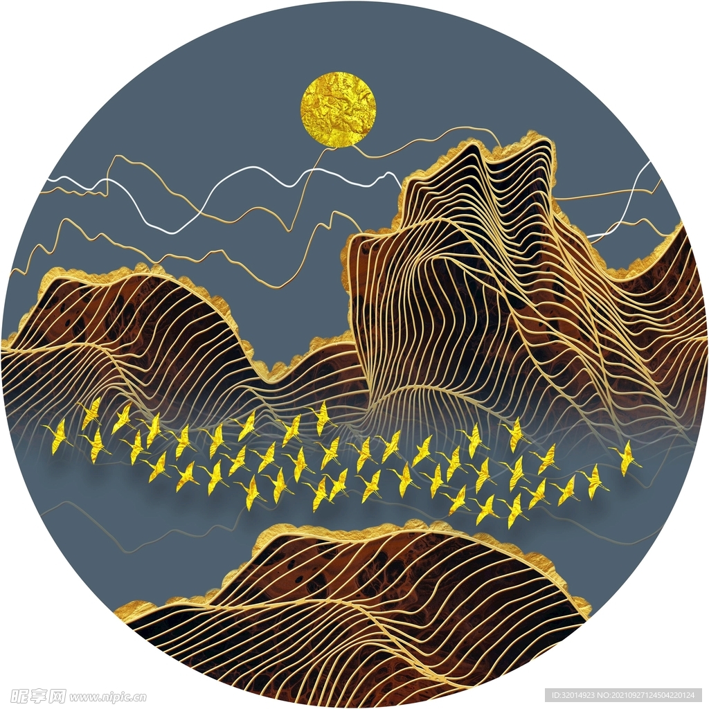 金色线条山水水墨圆形玄关