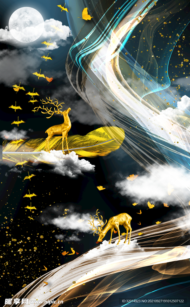 金色麋鹿山水装饰画