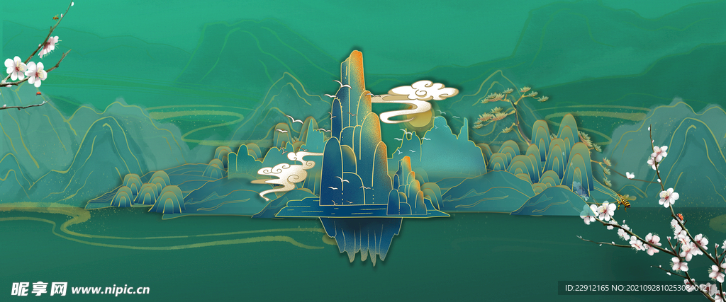中式鎏金山水背景