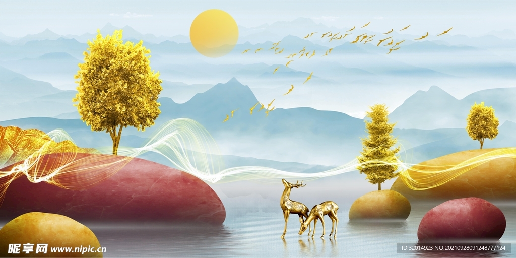 金色麋鹿意境山水装饰画