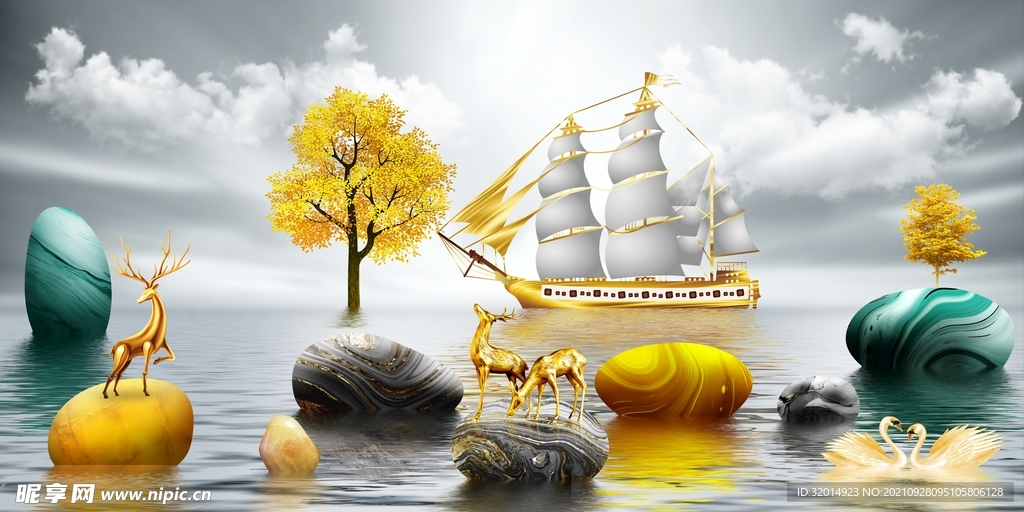 金色麋鹿时来运转帆船装饰画