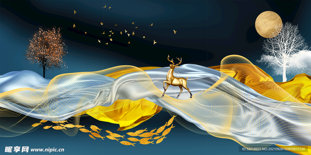 金色麋鹿飘带山水装饰画