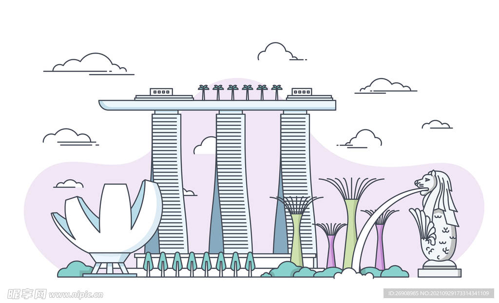 建筑插画新加坡鱼尾狮总统府