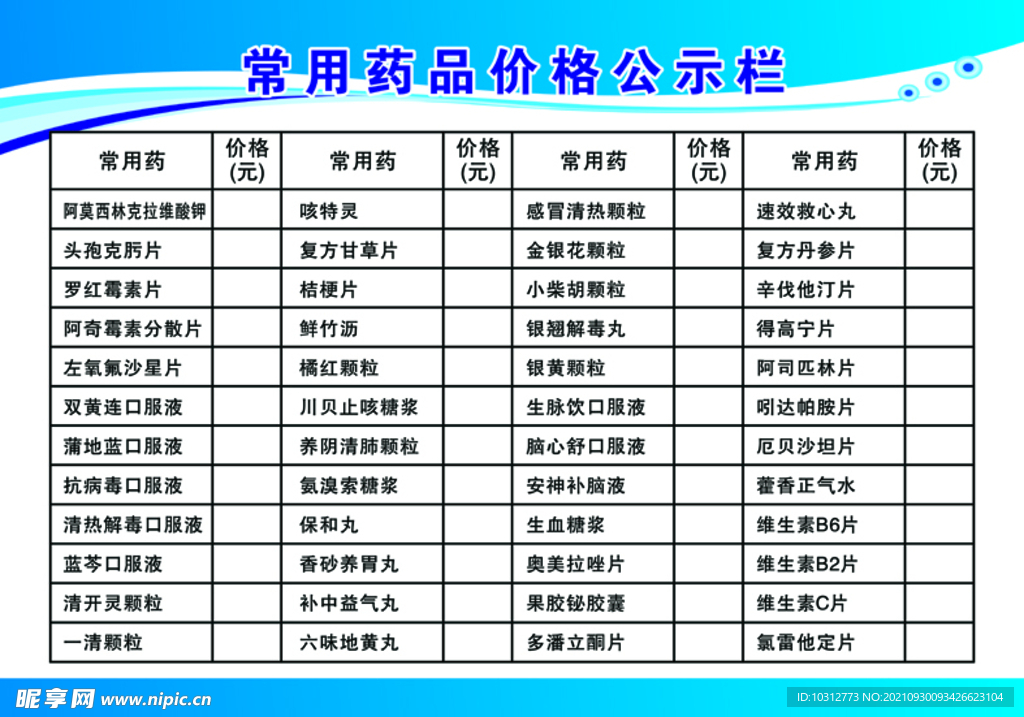 常用药品价格公示栏