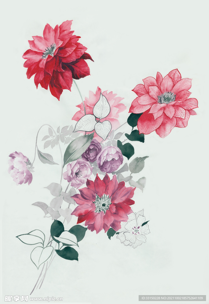 数码印花水彩花抽象花卉水彩花