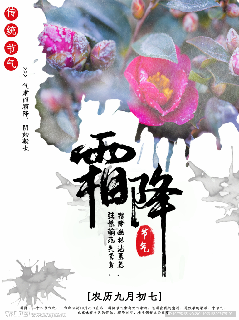 水墨泼墨中国风山茶花霜降海报