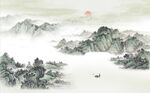 中式青绿山水国画电视背景墙图