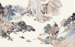 中式青绿瀑布山水国画电视背景墙