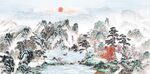 中式青绿瀑布山水国画电视背景墙
