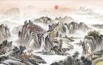 中式青绿瀑布山水国画电视背景墙