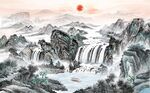 中式青绿瀑布山水国画电视背景墙