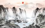 中式青绿瀑布山水国画电视背景墙