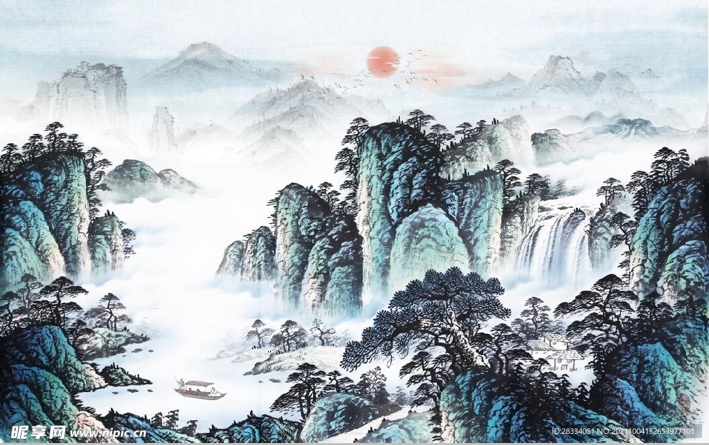 中式青绿瀑布山水国画电视背景墙