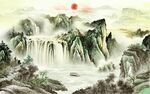 中式青绿瀑布山水国画电视背景墙