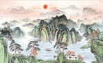 中式青绿瀑布山水国画电视背景墙