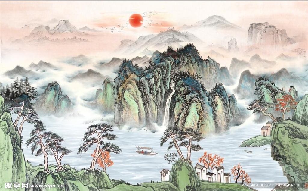 中式青绿瀑布山水国画电视背景墙