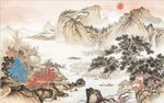 中式青绿瀑布山水国画电视背景墙