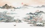 中式青绿瀑布山水国画电视背景墙