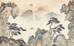 中式青绿瀑布山水国画电视背景墙