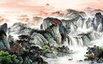 中式青绿瀑布山水国画电视背景墙