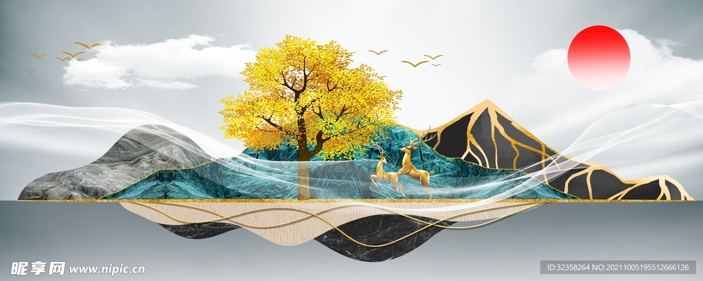 麋鹿发财树金色山水装饰画