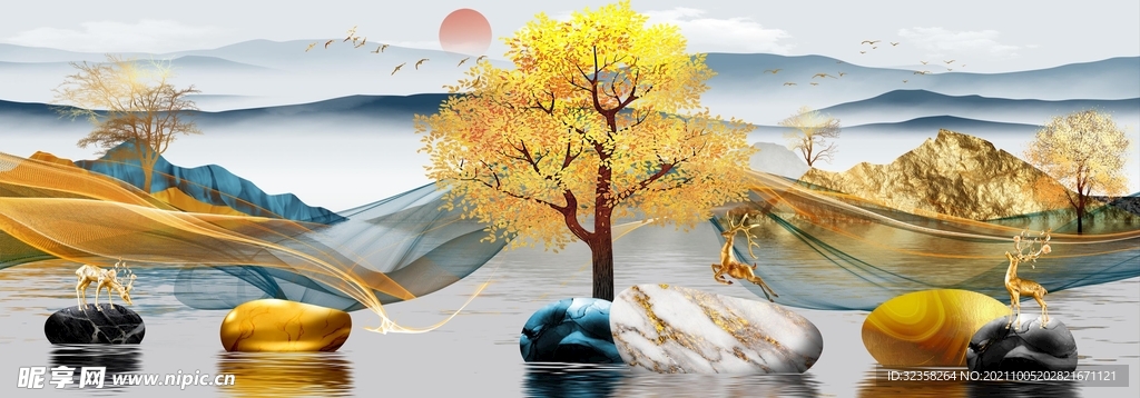 麋鹿发财树金色山水装饰画