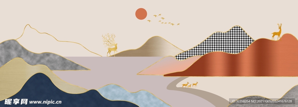 麋鹿发财树金色山水装饰画