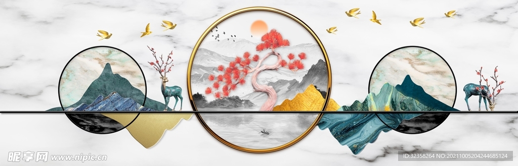 麋鹿发财树金色山水装饰画