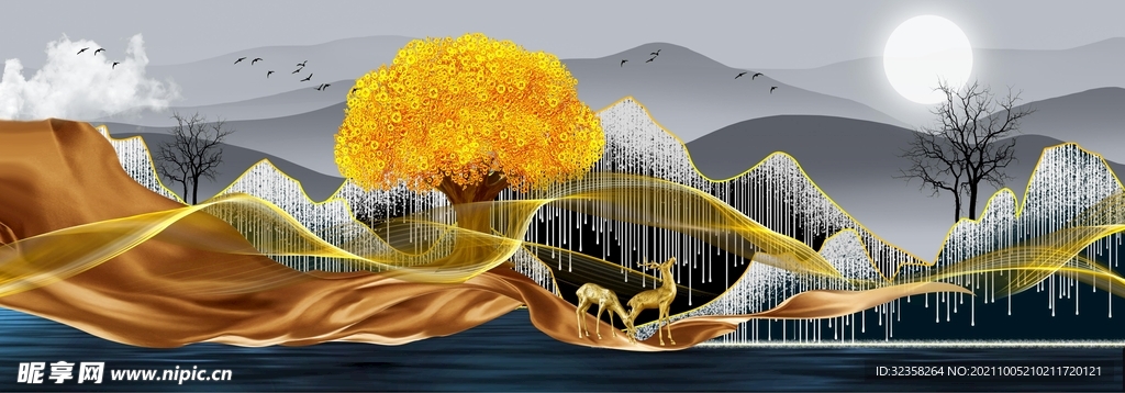 麋鹿发财树金色山水装饰画