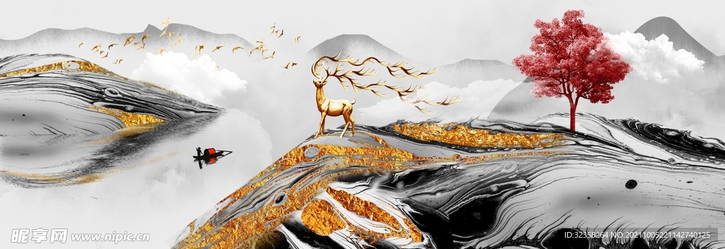 麋鹿发财树金色山水装饰画