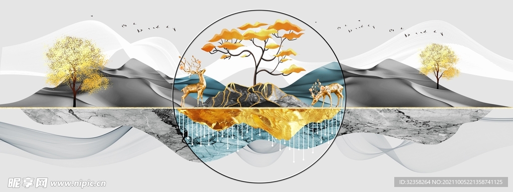麋鹿发财树金色山水装饰画