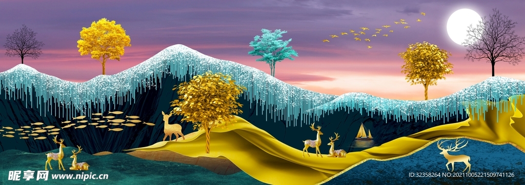 麋鹿发财树金色山水装饰画