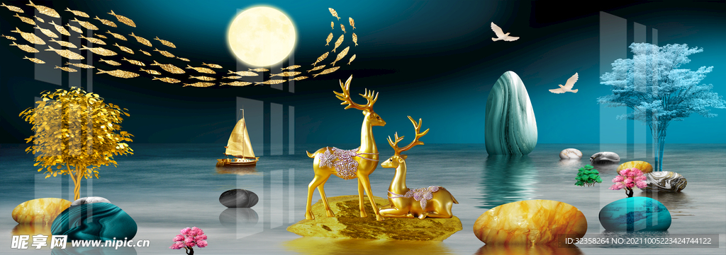 麋鹿发财树金色山水装饰画