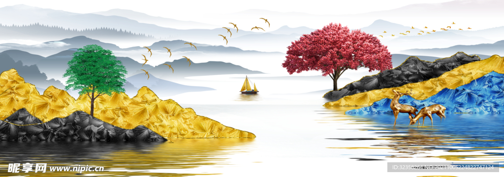 帆船发财树金色山水装饰画