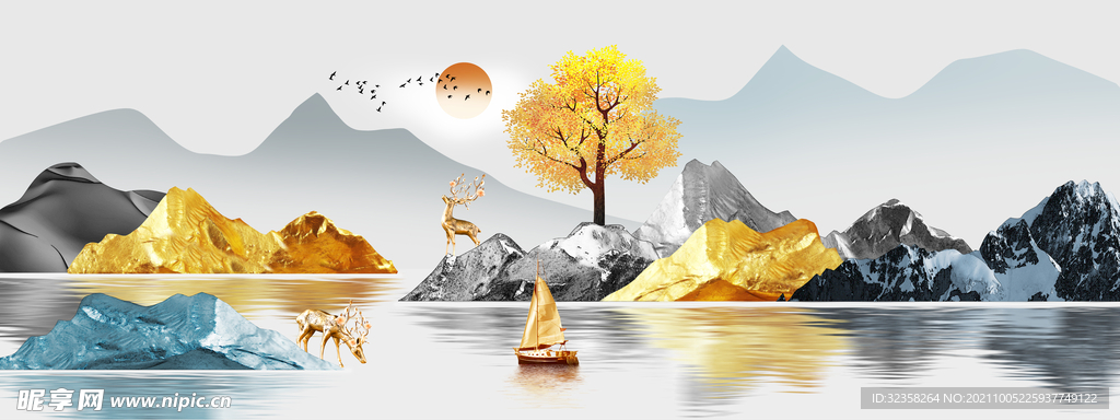 麋鹿发财树金色山水装饰画