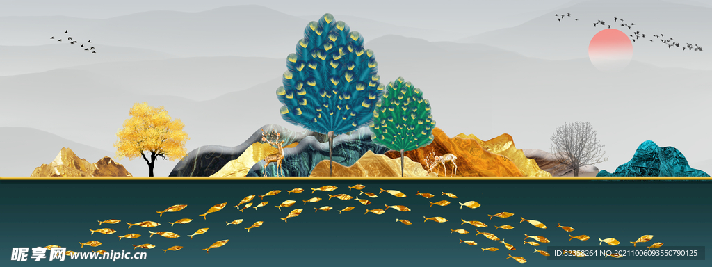 麋鹿发财树金色山水装饰画
