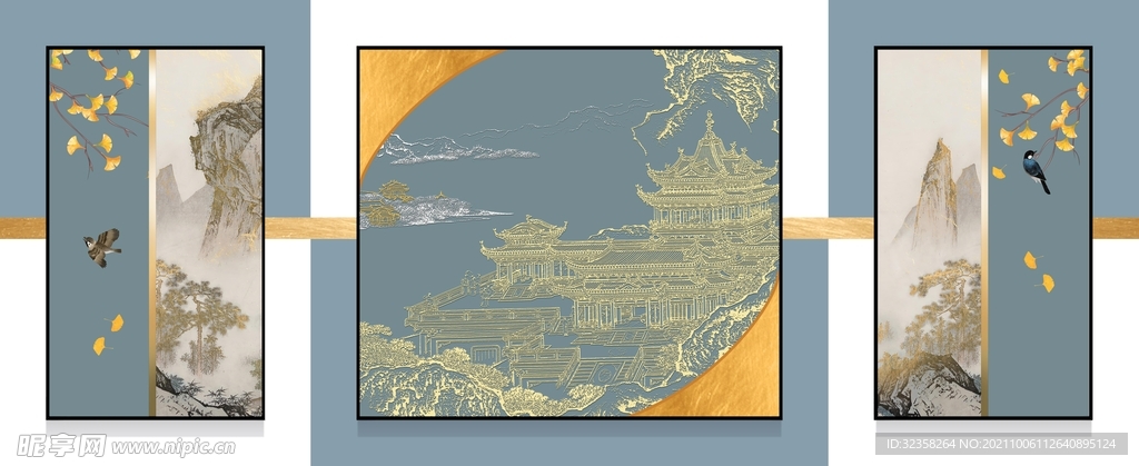 新中式线条山水金色装饰画