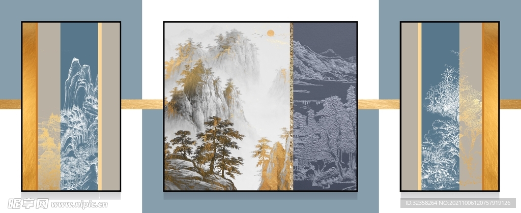 新中式线条山水金色装饰画