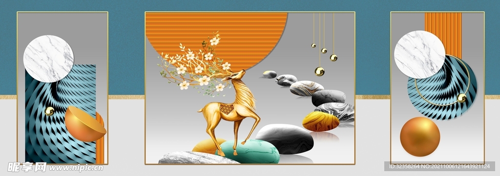 抽象发财鹿立体几何三联装饰画