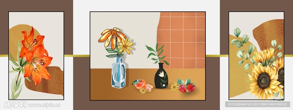 手绘花瓶花卉插画三联装饰画