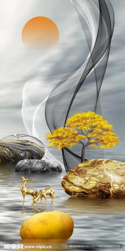 转运石麋鹿晶瓷画装饰画玄关