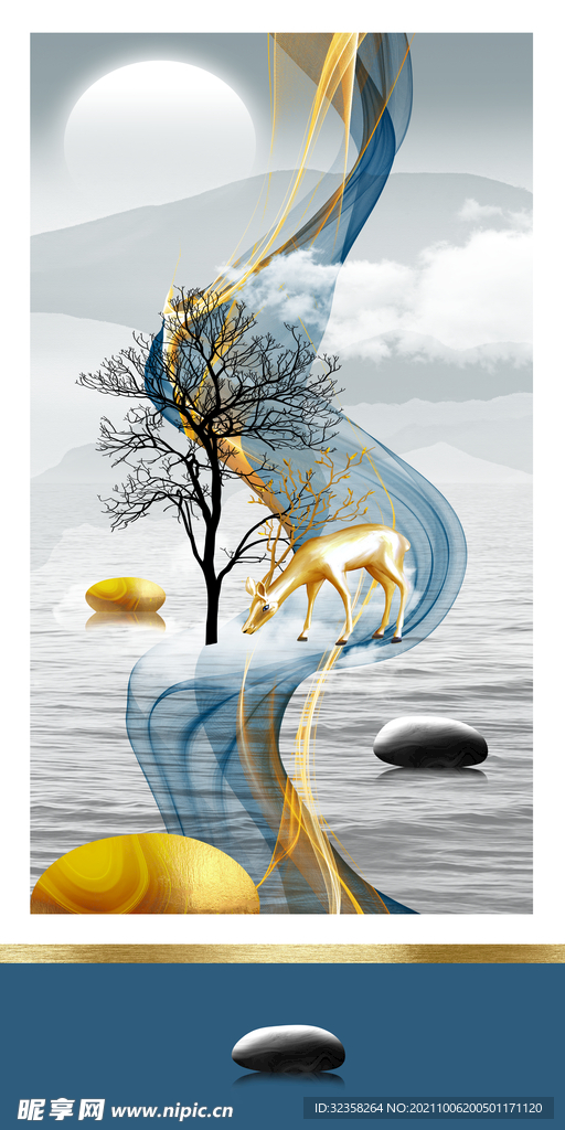 麋鹿山水晶瓷画装饰画玄关