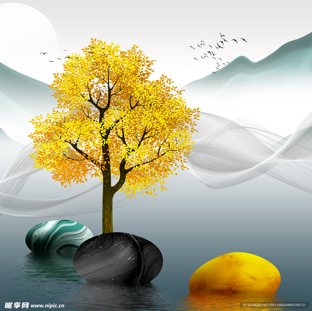转运石山水水墨装饰画