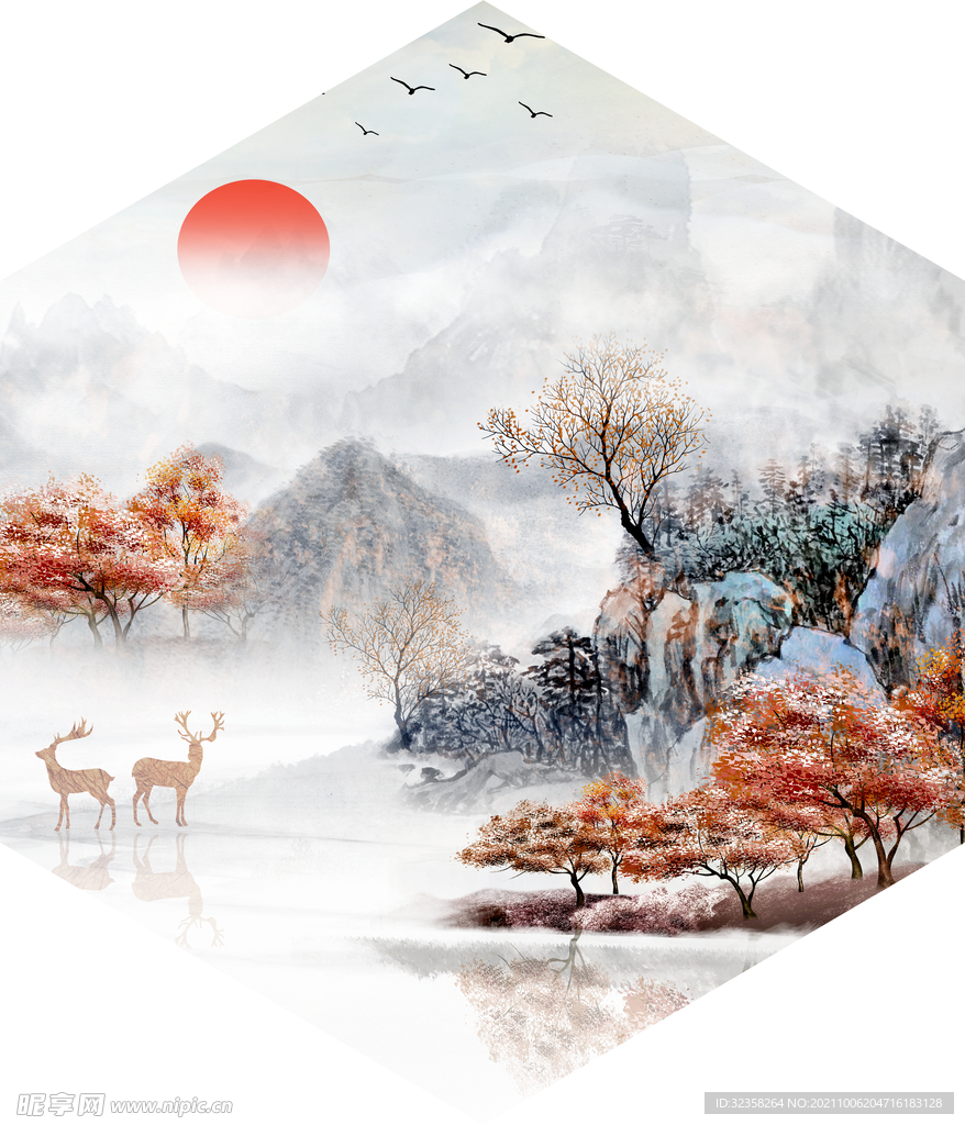 意境山水麋鹿装饰画