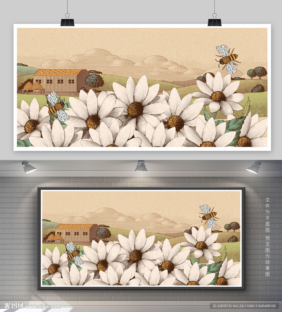 复古乡村插画 花卉 蜜蜂