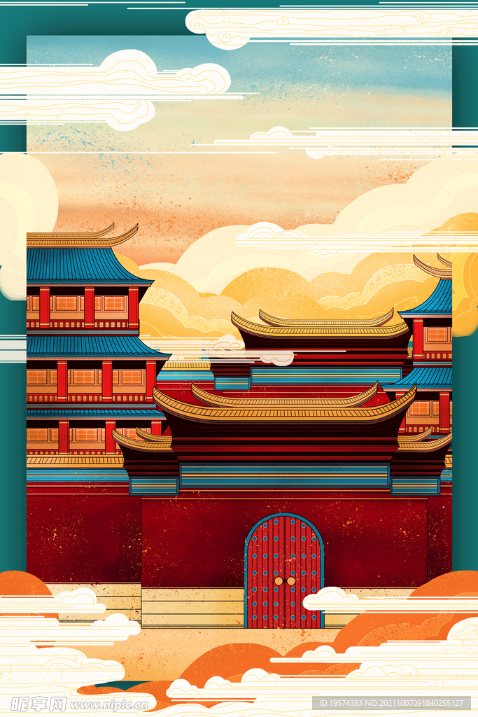 中国风中式古典国潮手绘风景古建