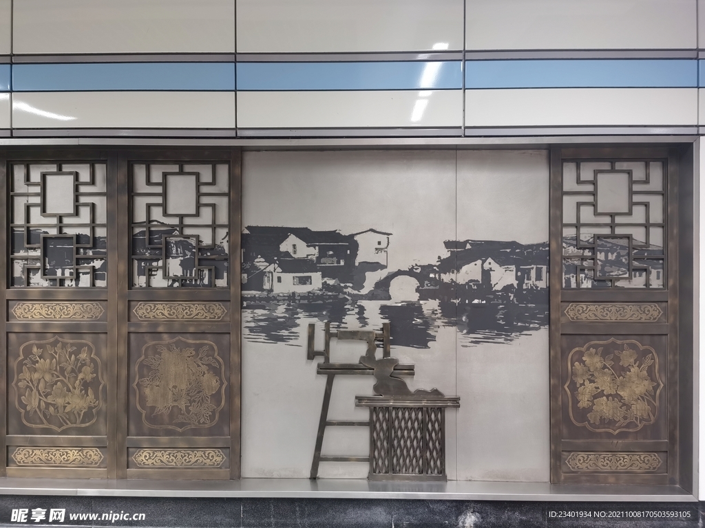 上海地铁古韵壁画镂空铜制复古门