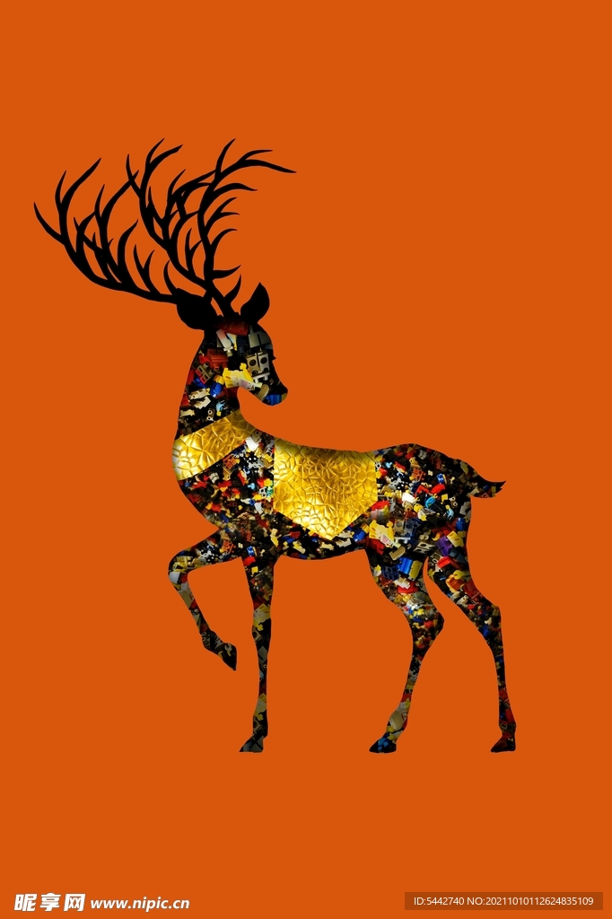 现代橙色积木乐高麋鹿玄关装饰画